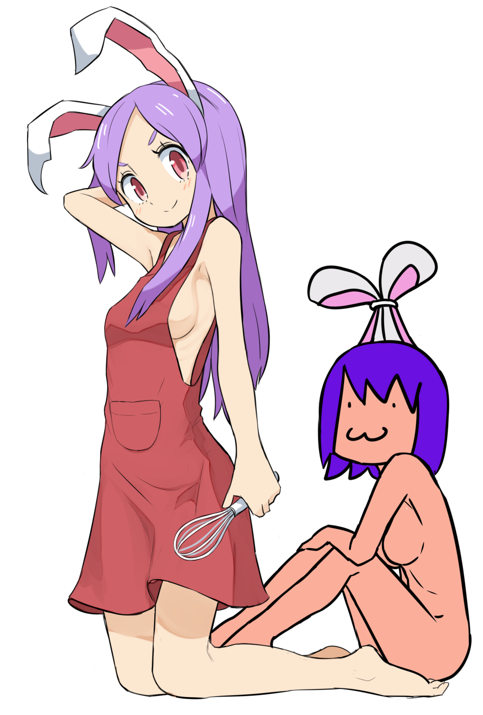 2girls :3 animal_ears apron arm_up armpit_peek bangs breasts bunny_ears closed_mouth commentary_request completely_nude cookie_(touhou) fake_hisui_(cookie) full_body highres hisui_(cookie) holding_whisk long_hair looking_at_viewer medium_breasts miyako_(naotsugu) multiple_girls naked_apron nude purple_hair red_apron red_eyes reisen_udongein_inaba short_hair sideboob smile swept_bangs tied_ears touhou transparent_background