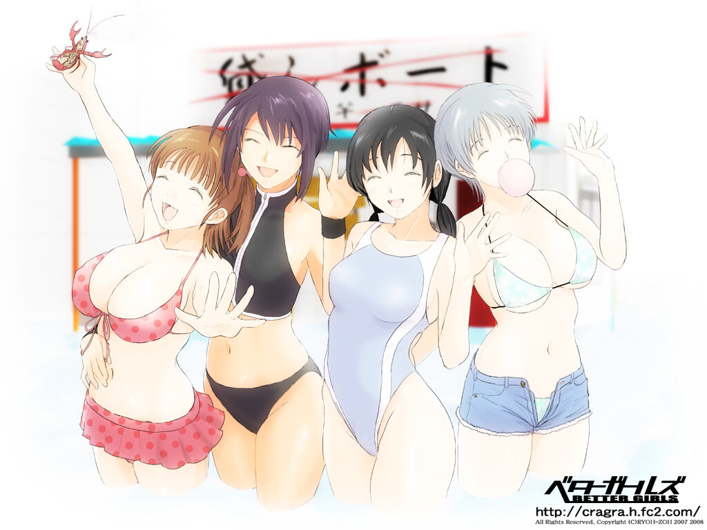 4girls :d ^_^ aqua_background arm_up bangs better_girls bikini bikini_skirt black_bikini blue_shorts blurry blurry_background breasts brown_hair chewing_gum cleavage closed_eyes collarbone competition_swimsuit copyright_name cowboy_shot denim denim_shorts facing_viewer front-tie_bikini front-tie_top grey_swimsuit groin hair_bobbles hair_ornament halterneck hand_on_another's_hip hayami_touka highleg highleg_swimsuit holding kaminogi_momo kokono_asou kusaka_ai large_breasts long_hair low_twintails medium_breasts multiple_girls navel one-piece_swimsuit open_clothes open_mouth open_shirt outstretched_arms pink_bikini polka_dot polka_dot_bikini purple_hair ryouzou short_hair short_shorts shorts side_ponytail sideboob silver_hair smile sports_bikini standing swimsuit twintails underboob waving