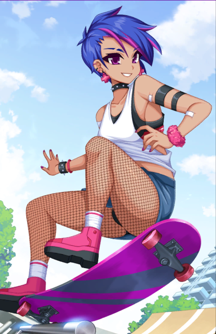 1girl armlet black_bra black_choker black_panties blue_hair blue_shorts bra bracelet breasts building choker cloud crush_crush ear_piercing earrings fishnets jewelry multicolored_hair nova_(crush_crush) panties piercing pink_bracelet pink_footwear purple_eyes shirt shoes short_hair shorts skate_park skateboard skateboarding sky small_breasts smile spiked_bracelet spikes streaked_hair thighs tree underwear white_legwear white_shirt