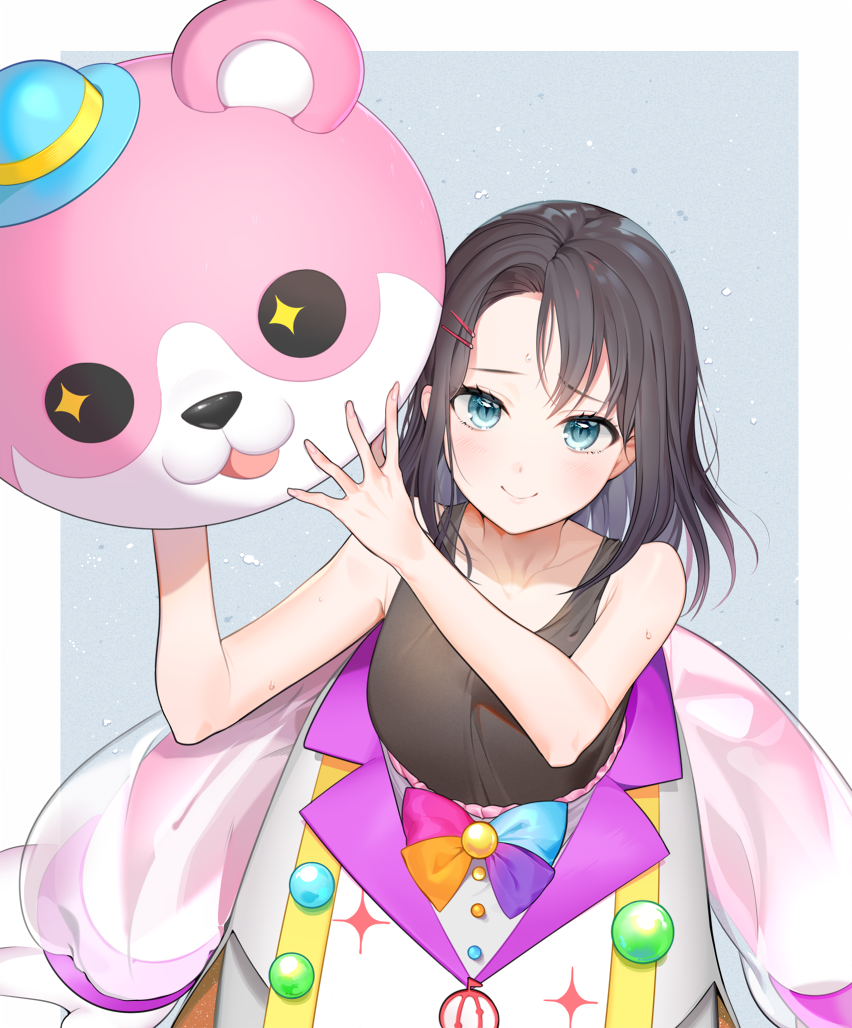 1girl bang_dream! bangs bare_arms bare_shoulders black_hair black_tank_top blue_background blue_eyes closed_mouth collarbone commentary_request dora_(muyad25) hair_ornament hairclip hello_happy_world! looking_at_viewer medium_hair okusawa_misaki outline smile solo sweat tagme tank_top upper_body white_outline