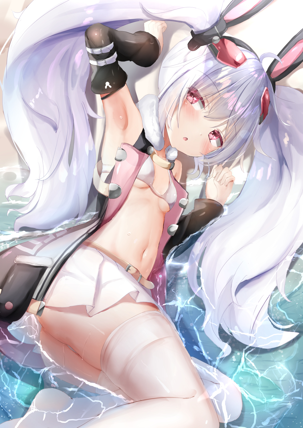 1girl ahoge animal_ears armpits ass azur_lane bangs bikini bikini_top breasts bunny_ears cleavage commentary_request detached_sleeves eyebrows_visible_through_hair fake_animal_ears fur_trim furrowed_eyebrows hairband highres in_water laffey_(azur_lane) long_hair looking_at_viewer lying midriff natuna_natu navel parted_lips pleated_skirt purple_eyes retrofit_(azur_lane) sidelocks skirt small_breasts solo swimsuit thighhighs twintails vest wet wet_clothes white_bikini white_hair white_legwear white_skirt zettai_ryouiki