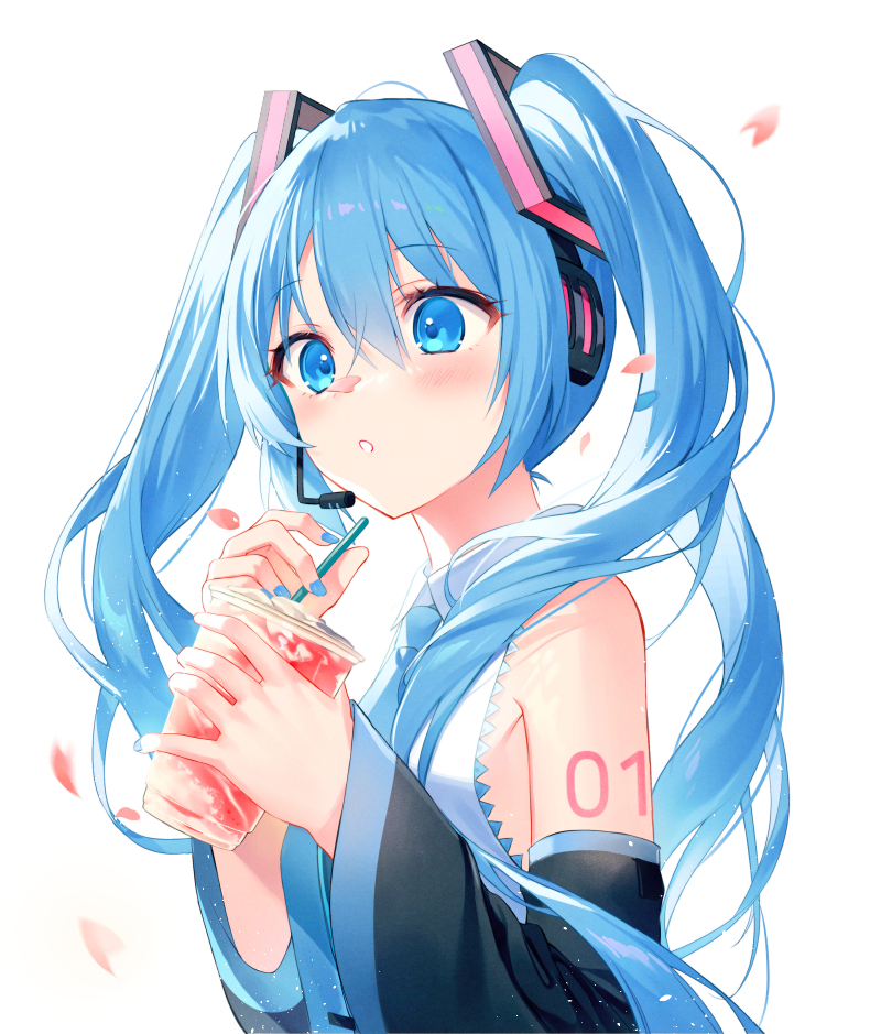 1girl :o bangs black_sleeves blue_eyes blue_hair blue_nails blush commentary cup detached_sleeves disposable_cup drinking_straw eyebrows_visible_through_hair fingernails hair_between_eyes hair_ornament hatsune_miku headset holding holding_cup holding_drinking_straw kh_(kh_1128) long_hair nail_polish petals shirt solo twintails upper_body vocaloid white_background white_shirt wide_sleeves