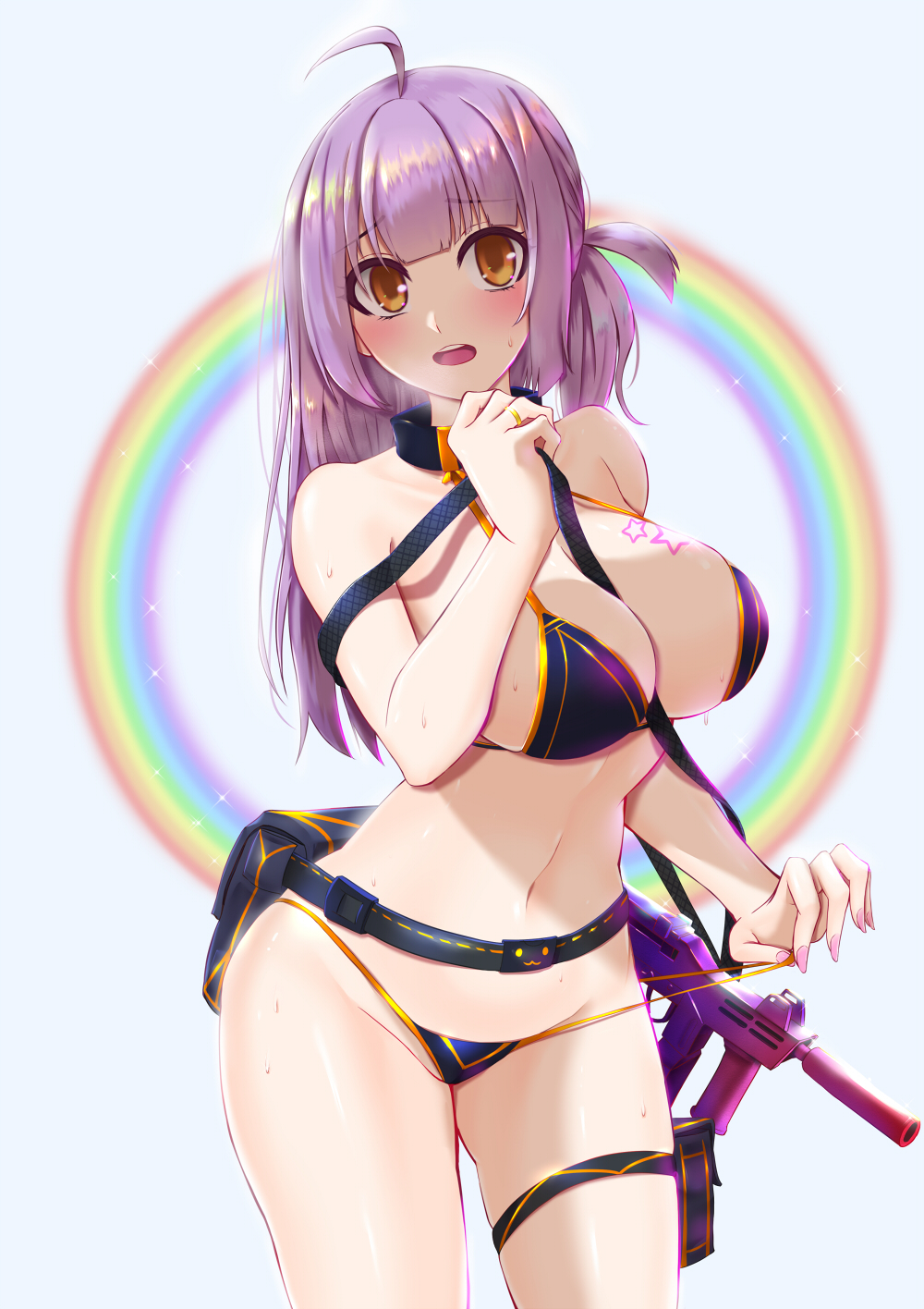 1girl ahoge ammunition_pouch bangs bare_arms bare_shoulders between_breasts bikini blush breasts brown_eyes cleavage cowboy_shot eyebrows_visible_through_hair girls_frontline grey_background gun highres large_breasts long_hair looking_at_viewer nail_polish navel open_mouth pao_mian+dan pink_nails pouch purple_hair rainbow sideboob solo spectre_m4_(girls_frontline) star_tattoo swimsuit tattoo thigh_strap weapon