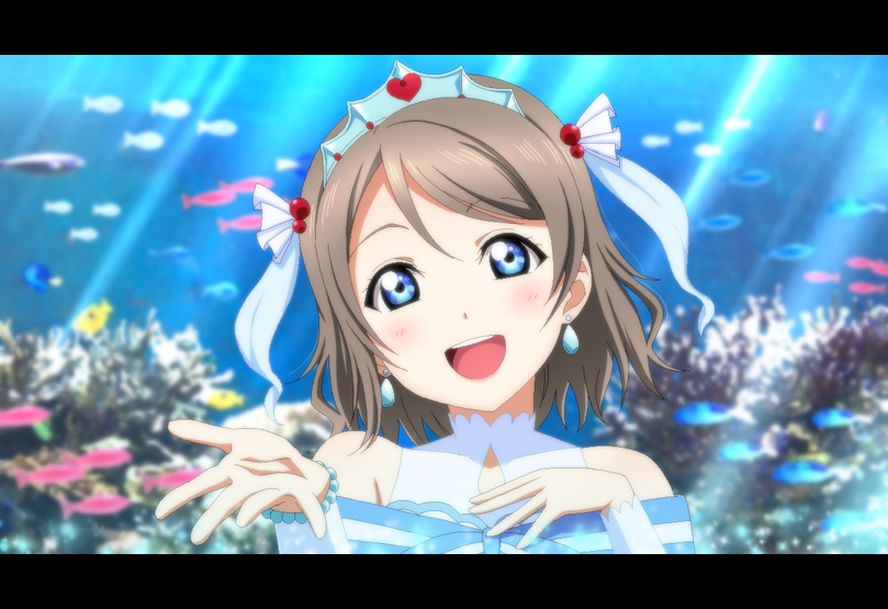1girl bangs blue_eyes bracelet cleavage_cutout clothing_cutout commentary_request coral_reef earrings fish grey_hair hair_ornament hand_on_own_chest jewelry kazuma_(theworld000021) koi_ni_naritai_aquarium long_sleeves looking_at_viewer love_live! love_live!_sunshine!! reaching_out short_hair sidelocks solo tiara upper_body watanabe_you