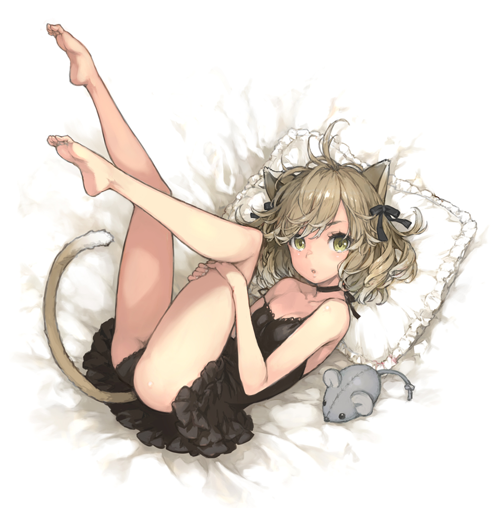 1girl ahoge animal_ears ass bare_legs bare_shoulders barefoot bed_sheet black_choker black_dress black_panties breasts cat_ears cat_girl cat_tail choker dress feet from_above green_eyes leg_hug legs_up light_brown_hair long_hair looking_at_viewer lying morisawa_haruyuki on_back on_bed open_mouth original panties pantyshot pillow small_breasts soles solo stuffed_animal stuffed_mouse stuffed_toy tail toes two_side_up underwear