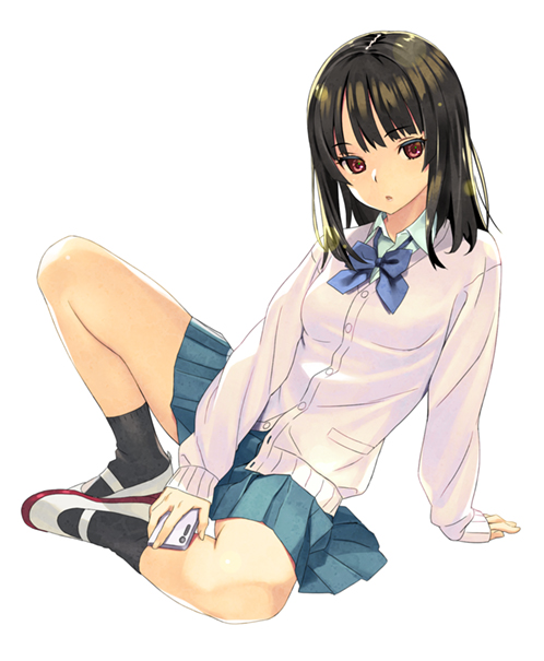 1girl arm_support bangs black_hair black_legwear blue_bow blue_shirt blue_skirt bow cardigan cellphone collared_shirt commentary_request eyebrows_visible_through_hair full_body holding holding_phone koutaro long_sleeves looking_at_viewer original parted_lips phone pleated_skirt red_eyes school_uniform shirt shoes simple_background skirt sleeves_past_wrists socks solo uwabaki white_background white_cardigan white_footwear