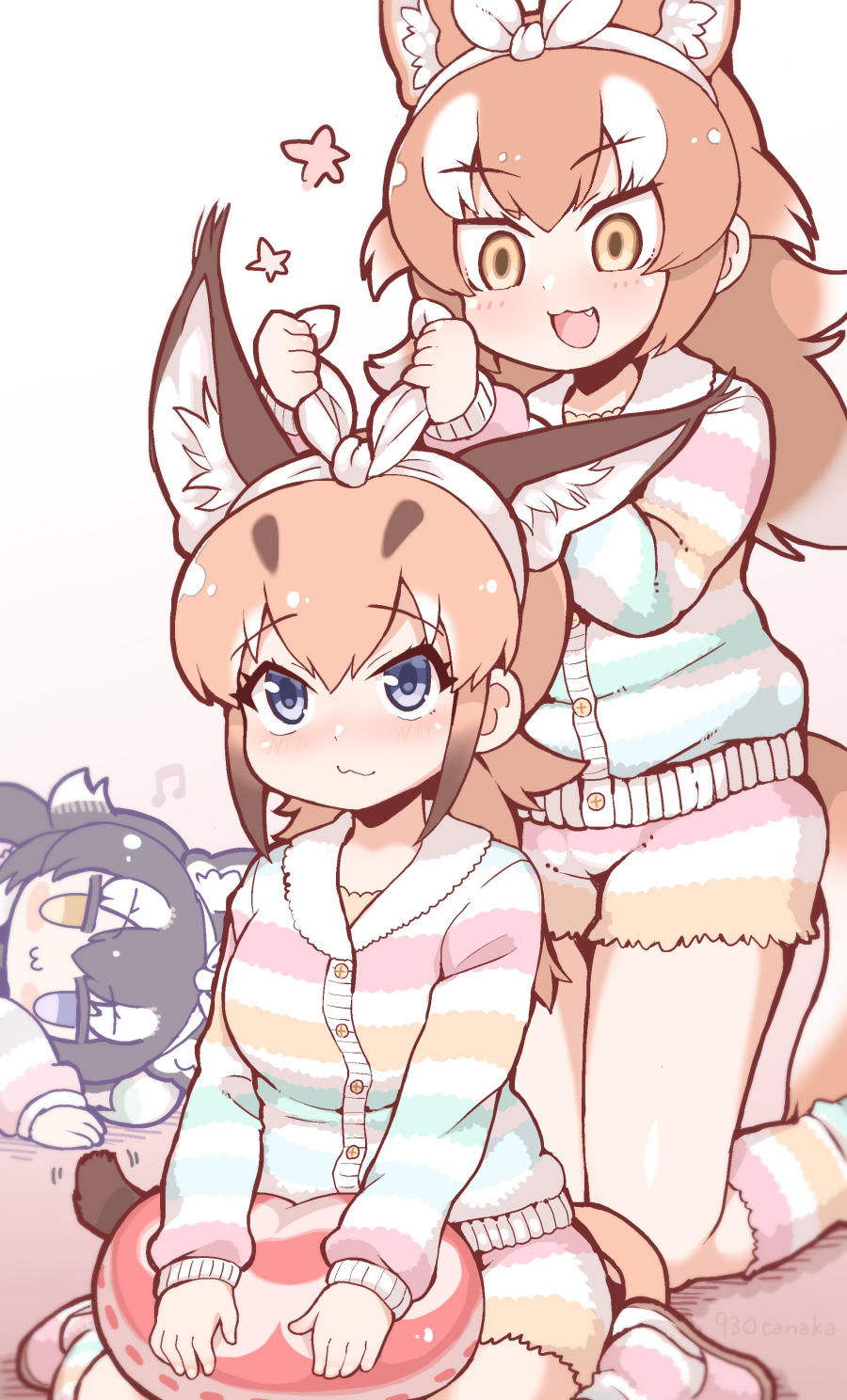 3girls :3 animal_ears blue_eyes blush bow caracal_(kemono_friends) caracal_ears caracal_girl caracal_tail commentary extra_ears eyebrows_visible_through_hair fang grey_wolf_(kemono_friends) hair_bow heterochromia highres japanese_wolf_(kemono_friends) kemono_friends kemono_friends_3 kneehighs light_brown_hair long_hair lying matching_outfit multiple_girls official_alternate_costume on_side pajamas shorts sitting sleepover slippers socks striped striped_legwear striped_pajamas striped_shorts tail tanaka_kusao wariza wolf_ears wolf_girl wolf_tail yellow_eyes