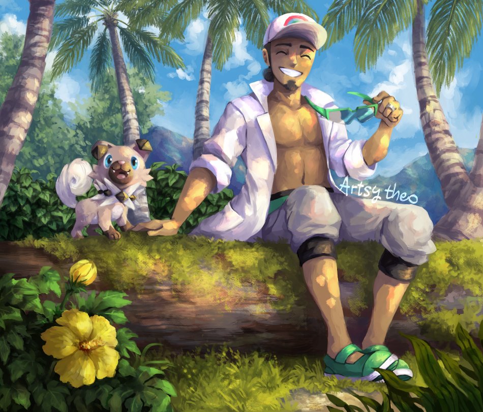 1boy arm_support artsy-theo baseball_cap closed_eyes cloud commentary dark-skinned_male dark_skin day facial_hair flower goatee green_footwear grey_pants grin hand_up hat holding holding_eyewear jewelry kukui_(pokemon) labcoat male_focus moss navel outdoors palm_tree pants pokemon pokemon_(creature) pokemon_(game) pokemon_sm ring rockruff shoes sitting sky smile teeth tree white_headwear yellow_flower