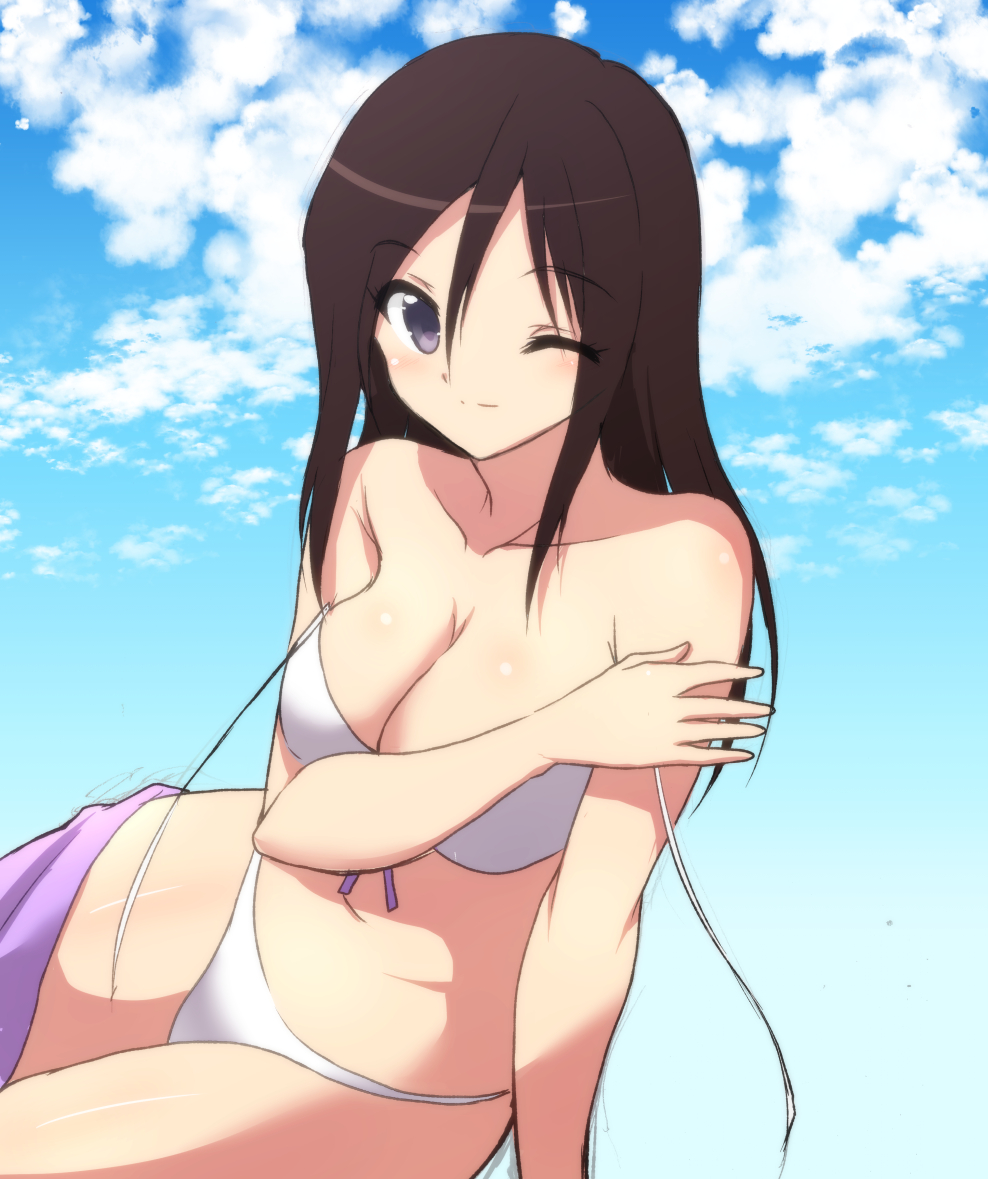 1girl ;) arm_support bangs bikini black_hair blue_eyes blue_sky breasts cleavage closed_mouth cloud cloudy_sky commentary covering day eyebrows_visible_through_hair front-tie_bikini front-tie_top girls_und_panzer image_sample leaning_to_the_side long_hair looking_at_viewer megumi_(girls_und_panzer) nanjou_satoshi one_eye_closed outdoors sitting sky smile solo swept_bangs swimsuit twitter_sample yokozuwari