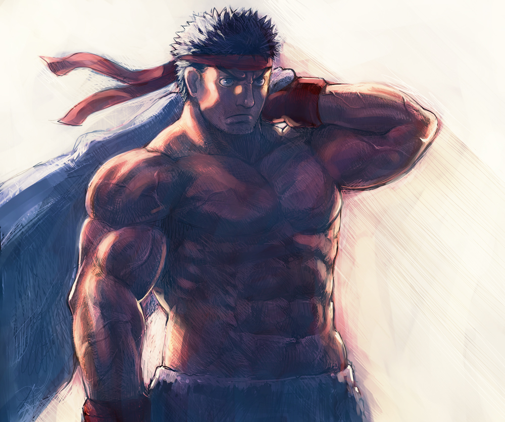 1boy abs backlighting black_hair boyaking closed_mouth clothes_removed commentary_request facial_hair furrowed_eyebrows gloves grey_eyes headband holding holding_clothes large_pectorals male_focus muscular muscular_male no_nipples over_shoulder pectorals red_gloves ryu_(street_fighter) shirtless short_hair solo street_fighter stubble upper_body veins