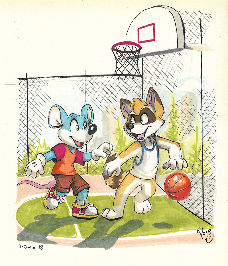 anthro ball basketball basketball_(ball) canid canine canis clothing domestic_dog duo husky hybrid male mammal mouse murid murine nordic_sled_dog pandapaco procyonid raccoon rodent spitz