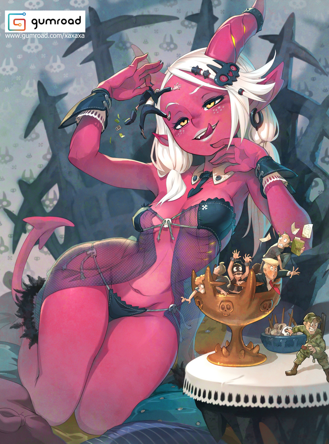 1girl 6+boys bikini black_bikini breasts colored_skin cup demon_tail donald_trump earrings eyepatch_bikini full_body hair_ornament hairclip hand_up highres horns jewelry long_hair medium_breasts multiple_boys navel original parted_lips pointy_ears real_life red_skin shadow sitting smile swimsuit tail tongue tongue_out white_hair xavier_houssin yellow_eyes