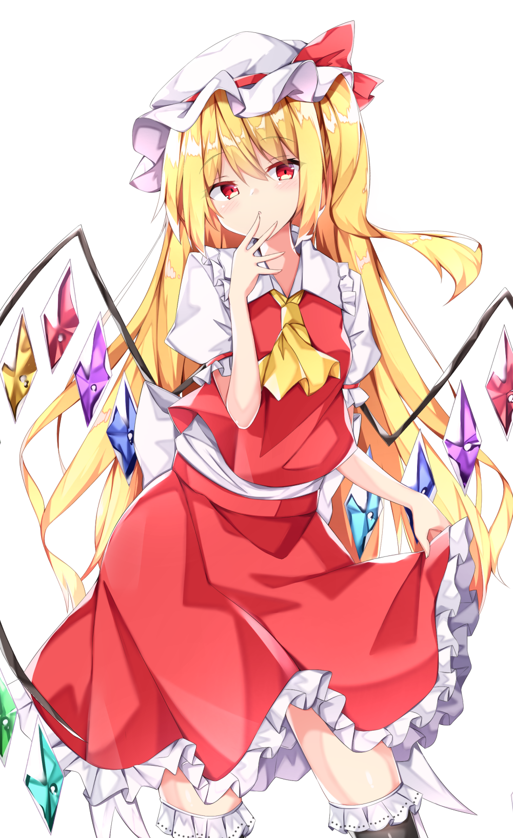 1girl alternate_hair_length alternate_hairstyle ascot bangs black_legwear blonde_hair bow breasts collar commentary crystal eyebrows_visible_through_hair feet_out_of_frame finger_to_mouth flandre_scarlet frilled_collar frilled_sleeves frills hair_between_eyes hat hat_bow highres kuraaken long_hair looking_at_viewer mob_cap puffy_short_sleeves puffy_sleeves red_bow red_eyes red_skirt red_vest shirt short_sleeves simple_background skirt skirt_hold skirt_set small_breasts solo touhou vest white_background white_headwear white_shirt wings yellow_neckwear