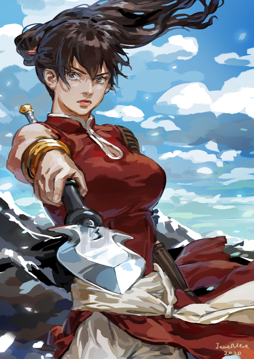 1girl artist_name balsa black_hair blue_sky bracelet bracer breasts day highres holding holding_spear holding_weapon jane_mere jewelry long_hair looking_at_viewer medium_breasts outdoors pointing_weapon polearm ponytail seirei_no_moribito sky spear standing weapon wind