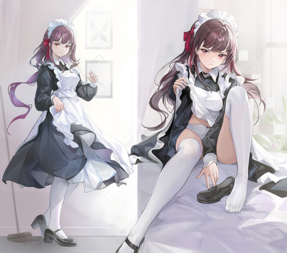 1girl alternate_costume apron between_legs black_dress black_footwear brown_hair commentary_request dress dress_lift enmaided footwear_removed full_body girls_frontline guernical hair_ribbon hand_between_legs high_heels indoors knee_up legs lifted_by_self loafers long_hair long_sleeves looking_at_viewer maid maid_apron maid_headdress multiple_views no_shoes panties red_eyes red_ribbon ribbon shoes single_shoe standing thighhighs underwear wa2000_(girls_frontline) white_apron white_legwear white_panties