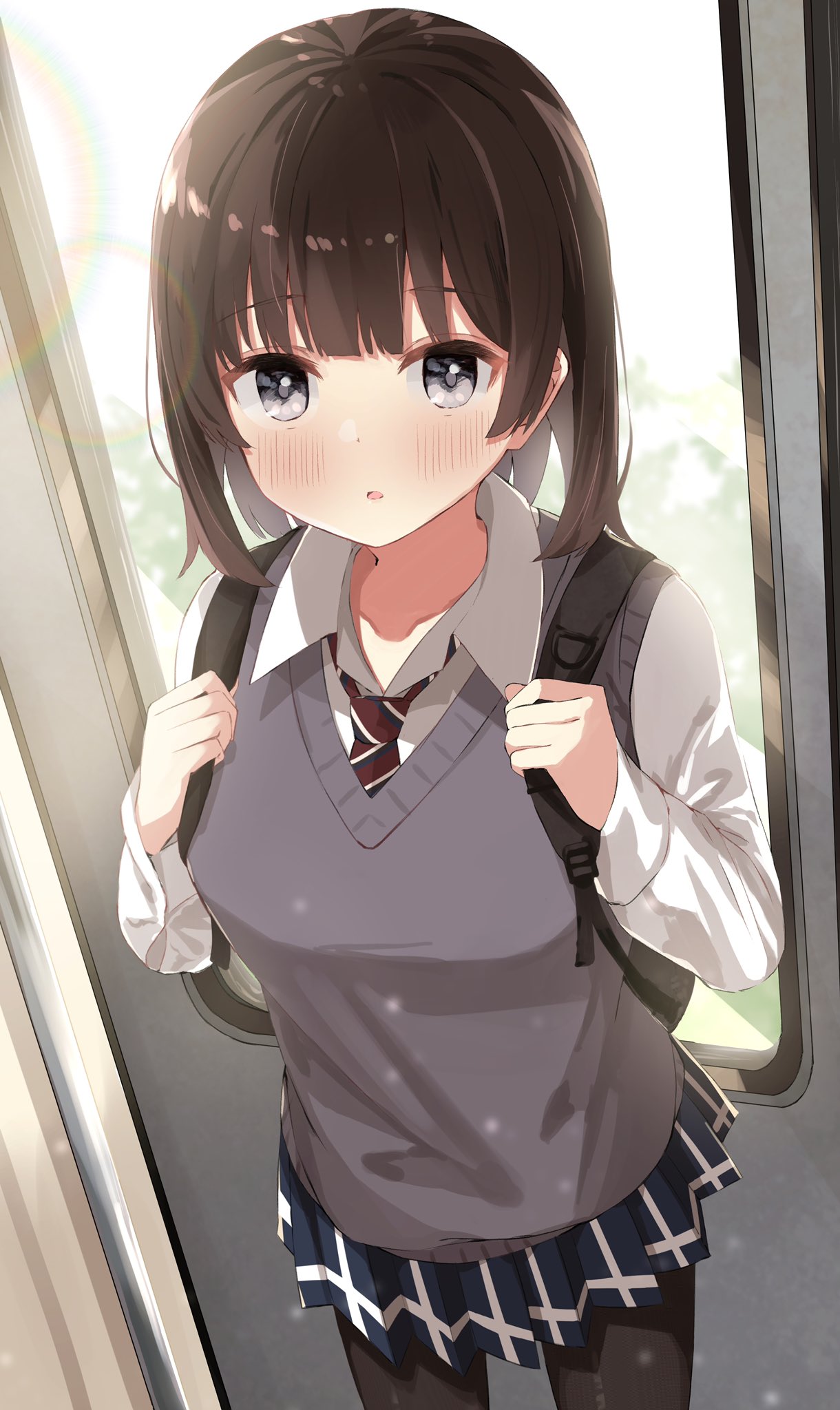 1girl :o akagikou backpack bag black_legwear blue_skirt blurry blurry_background blush brown_hair collared_shirt door grey_eyes grey_vest highres long_sleeves looking_at_viewer necktie original pantyhose parted_lips plaid plaid_skirt pleated_skirt school_uniform shirt short_hair skirt solo standing train_interior vest white_shirt window