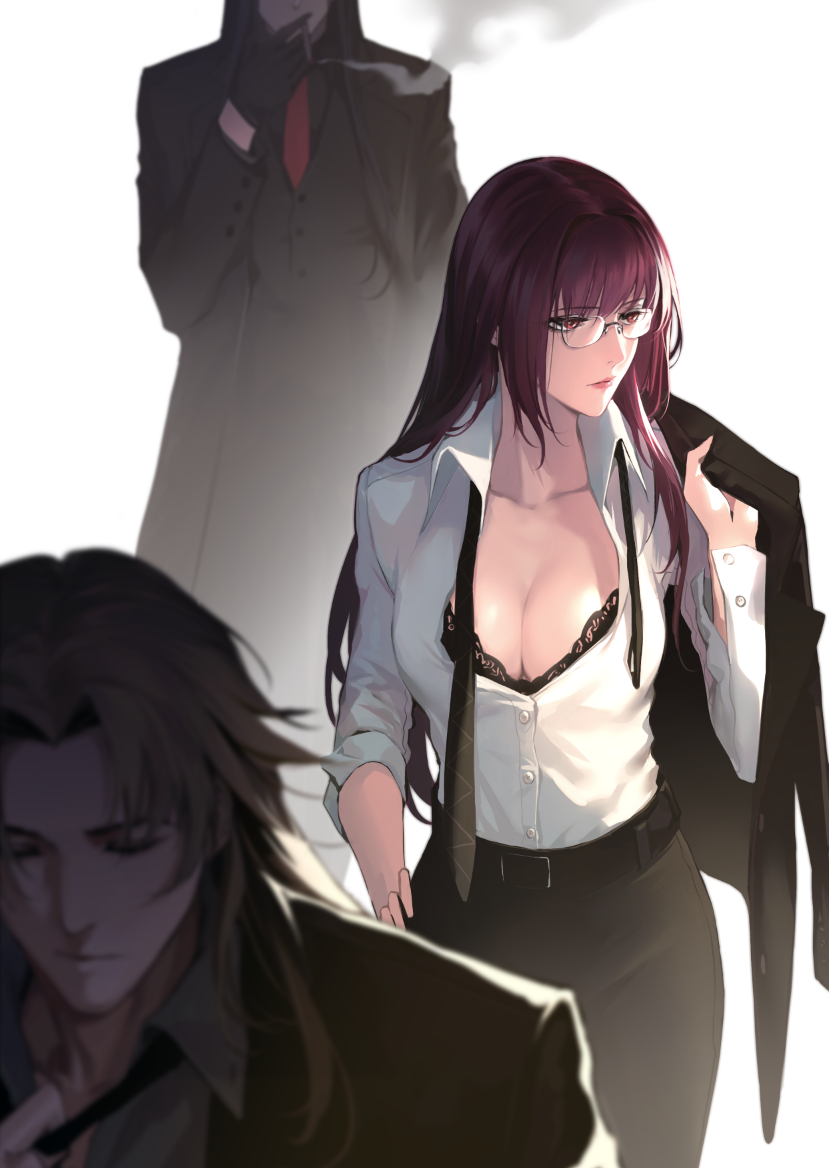 1girl alternate_costume belt belt_buckle bespectacled black_bra bra breasts buckle business_suit chiron_(fate) cleavage collarbone commentary_request dress_shirt fate/grand_order fate_(series) formal glasses holding holding_clothes holding_jacket jacket lace lace-trimmed_bra lace_trim large_breasts lips lipstick long_hair long_sleeves looking_to_the_side lord_el-melloi_ii makeup necktie open_clothes open_shirt pencil_skirt purple_hair red_eyes reroi scathach_(fate) scathach_(fate)_(all) shirt simple_background skirt solo suit underwear untied waver_velvet white_background