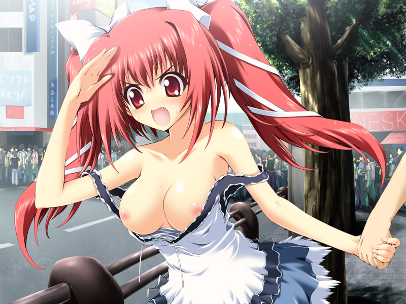 1girl blush bow breasts city cleavage dress endoh_ifrina endou_ifrina fang figu@mate game_cg hair_ribbon hand_holding long_hair male_hand mitsuki_mantarou nipples open_mouth open_shirt pink_hair red_eyes red_hair ribbon skirt solo_focus twintails wardrobe_malfunction