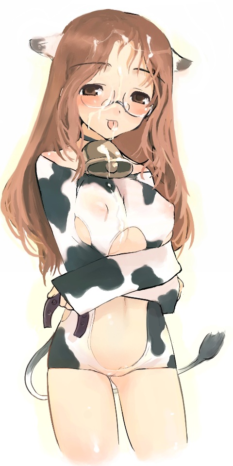 animal_ears blush breasts cow_ears cow_girl cowgirl glasses long_hair midriff milk pussy tail uncensored ushimimi