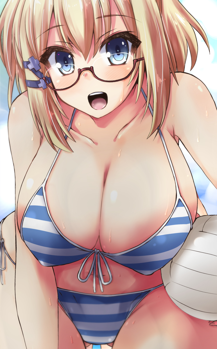 1girl ass_visible_through_thighs bangs bead_bracelet beads bikini blonde_hair blue_eyes border bracelet breasts cleavage clip_studio_paint_(medium) collarbone commentary_request covered_nipples eyebrows_visible_through_hair eyes_visible_through_hair front-tie_bikini front-tie_top glasses hair_ribbon highres jewelry large_breasts leaning_forward looking_at_viewer navel open_mouth ribbon rokudenashi_majutsu_koushi_to_akashic_record rumia_tingel shinshin solo striped striped_bikini swimsuit teeth tress_ribbon volleyball wet