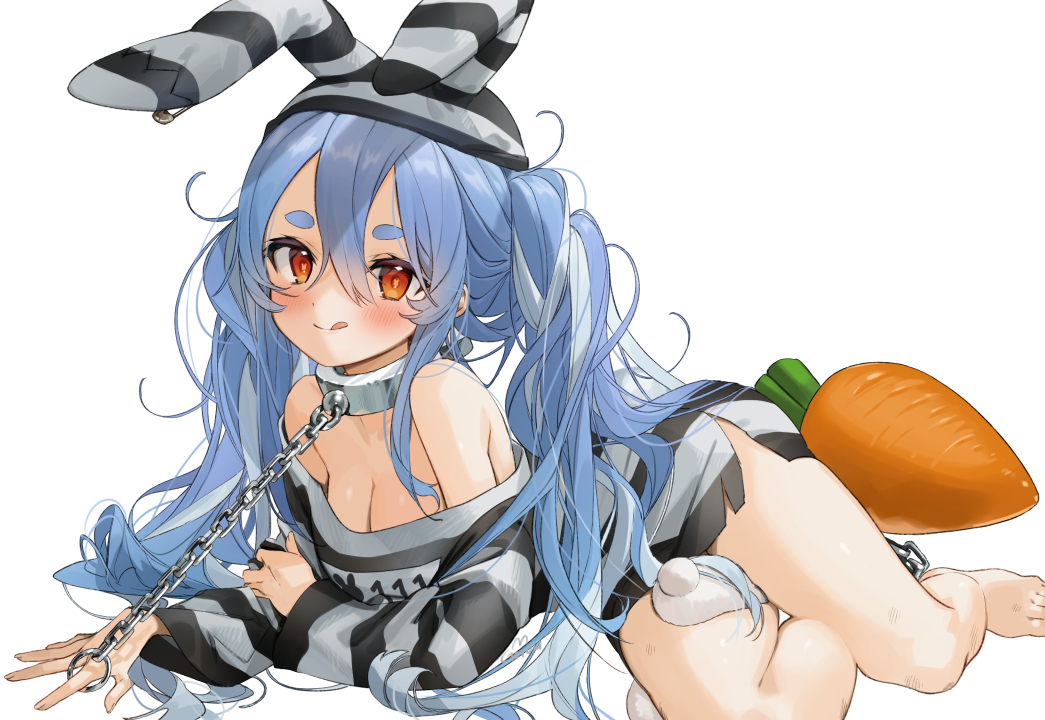 1girl animal_ears bare_legs bare_shoulders barefoot blush breasts bunny_ears carrot chain cleavage closed_mouth collar commentary don-chan_(usada_pekora) full_body gotoh510 hair_between_eyes hat hololive licking_lips light_blue_hair long_hair looking_at_viewer lying medium_breasts multicolored_hair off-shoulder_shirt off_shoulder official_alternate_costume on_side prison_clothes red_eyes shirt simple_background smile solo striped striped_headwear striped_shirt symbol-shaped_pupils thick_eyebrows tongue tongue_out twintails two-tone_hair usada_pekora virtual_youtuber white_background white_hair