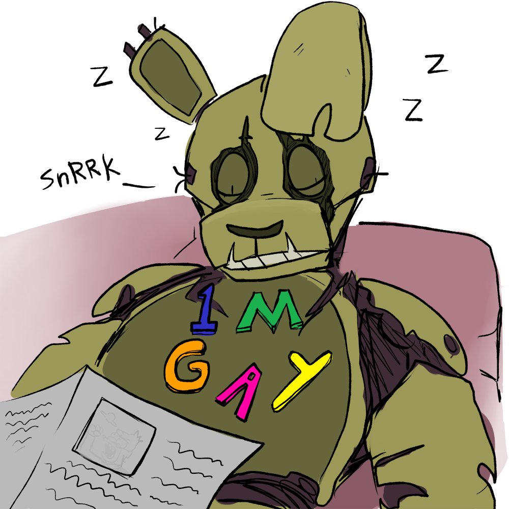 2021 animatronic anthro close-up corpse death english_text eyes_closed five_nights_at_freddy's five_nights_at_freddy's_3 fridge_magnet furniture green_body humor lagomorph leporid long_ears machine magnet male mammal monsterdongles multicolored_body newspaper notched_ear rabbit robot simple_background sitting sleeping sofa solo springtrap_(fnaf) teeth text torn_arm torn_body torn_face two_tone_body video_games white_background wire