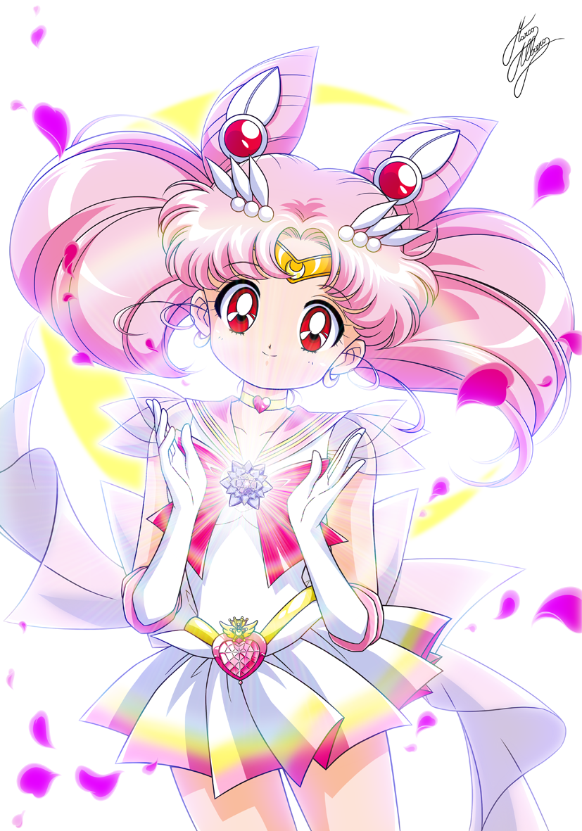 1girl bishoujo_senshi_sailor_moon chibi_usa choker cowboy_shot crescent crescent_earrings double_bun earrings elbow_gloves gloves hair_cones heart heart_choker jewelry magical_girl marco_albiero miniskirt multicolored multicolored_clothes multicolored_skirt petals pink_hair pink_sailor_collar pleated_skirt red_eyes rose_petals sailor_chibi_moon sailor_collar sailor_senshi_uniform signature skirt smile solo super_sailor_chibi_moon twintails white_gloves