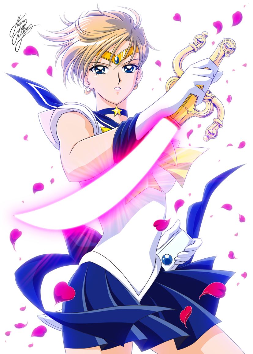 1girl bishoujo_senshi_sailor_moon blonde_hair blue_eyes blue_sailor_collar choker circlet crescent crescent_earrings earrings energy_sword jewelry magical_girl marco_albiero miniskirt parted_lips petals pleated_skirt rose_petals sailor_collar sailor_senshi sailor_uranus short_hair signature skirt solo space_sword star_(symbol) star_choker super_sailor_uranus sword ten'ou_haruka upper_body weapon