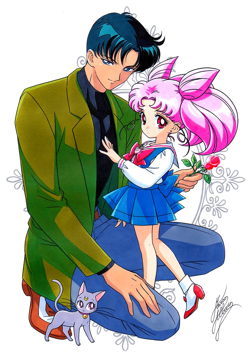 1boy 1girl animal animal_collar bell bishoujo_senshi_sailor_moon black_hair blue_eyes cat chiba_mamoru chibi_usa collar crescent crescent_facial_mark diana_(sailor_moon) double_bun earrings facial_mark father_and_daughter flower forehead_mark holding holding_flower jewelry jingle_bell kneeling marco_albiero pink_hair red_eyes rose school_uniform serafuku signature stud_earrings twintails