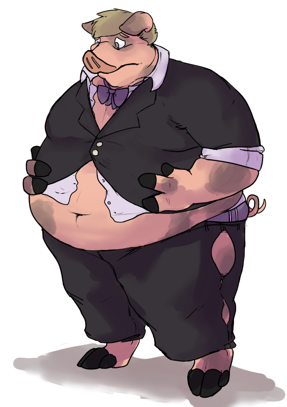 anthro belly big_belly blonde_hair bow_tie clothed clothing daef domestic_pig fingers hair hand_on_stomach hooved_fingers hooves implied_transformation male mammal moobs mottled mottled_body mottled_skin navel obese obese_anthro obese_male overweight overweight_anthro overweight_male piebald piebald_body piebald_skin simple_background solo spots spotted_body spotted_skin standing straining_buttons suid suina suit sus_(pig) thick_thighs torn_clothing weight_gain white_background