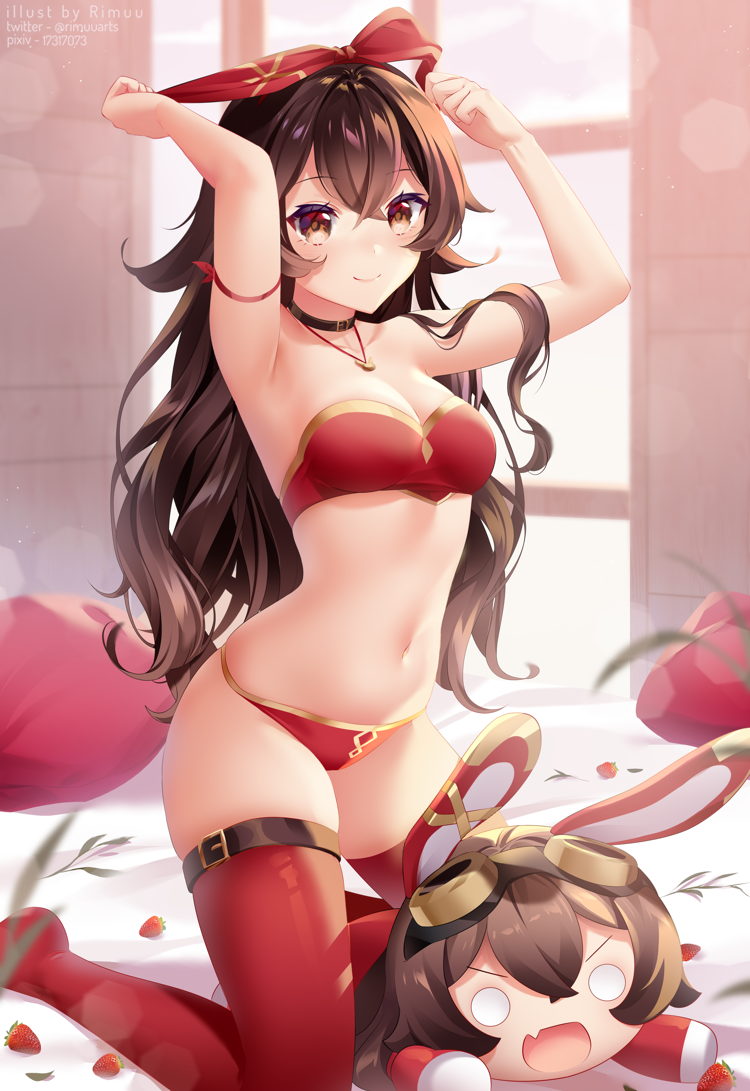 1girl amber_(genshin_impact) arm_strap armpits arms_up bandeau bare_arms bare_shoulders baron_bunny_(genshin_impact) bed_sheet black_choker bra breasts brown_hair choker cleavage genshin_impact gold_trim hair_ribbon jewelry kneeling leg_belt long_hair looking_at_viewer medium_breasts navel necklace no_shoes on_bed panties petals red_bra red_eyes red_legwear red_panties ribbon rimuu skindentation smile solo stomach strapless strapless_bra thighhighs thighs tubetop underwear underwear_only
