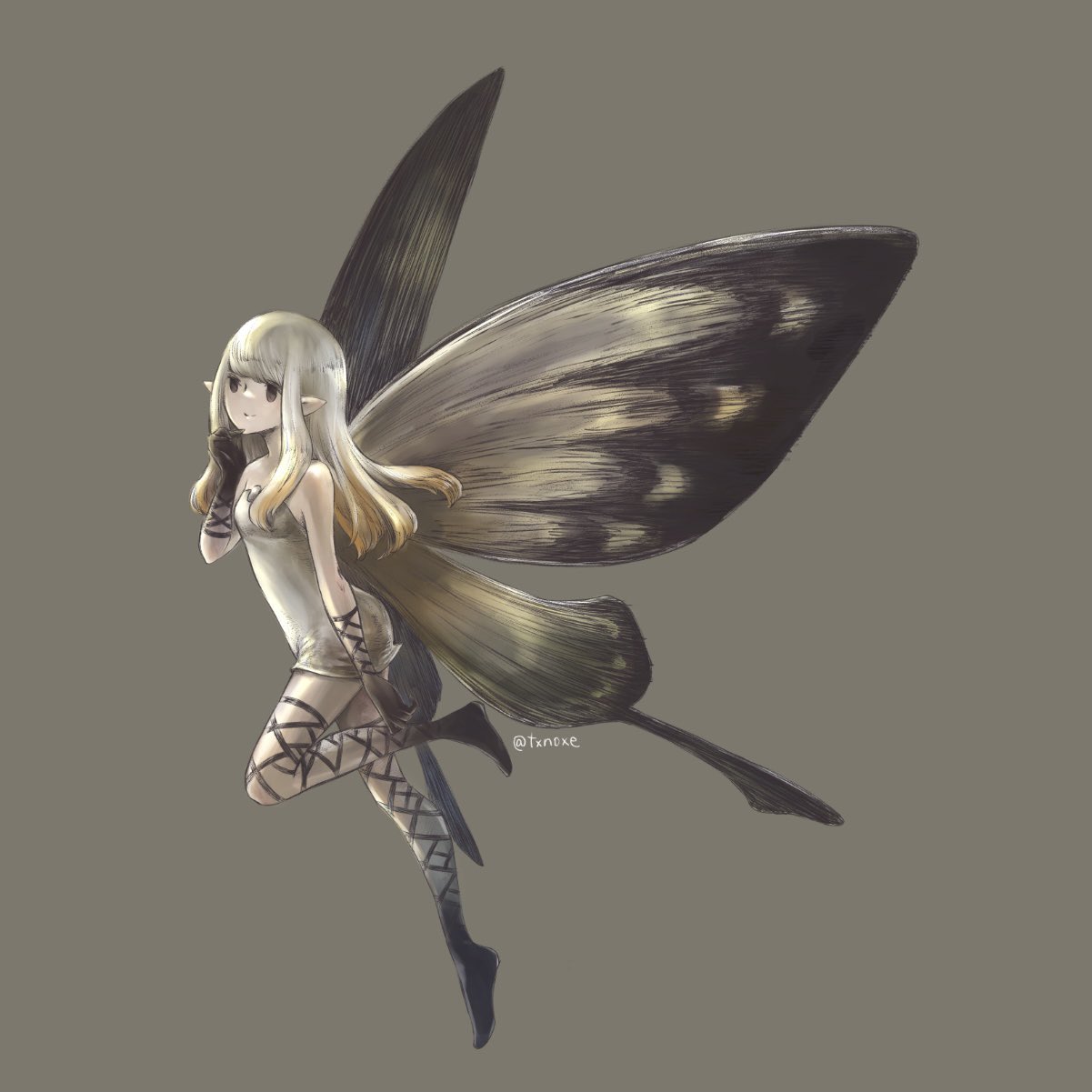 1girl aerie_(bravely_default) bare_shoulders black_footwear black_gloves black_legwear bravely_default:_flying_fairy bravely_default_(series) brown_eyes butterfly_wings commentary_request dress empty_eyes fairy full_body gloves grey_background hand_on_own_chin highres huiyuan leg_up long_hair pointy_ears short_dress simple_background smile solo strapless strapless_dress thigh_strap thighhighs white_dress white_hair wings