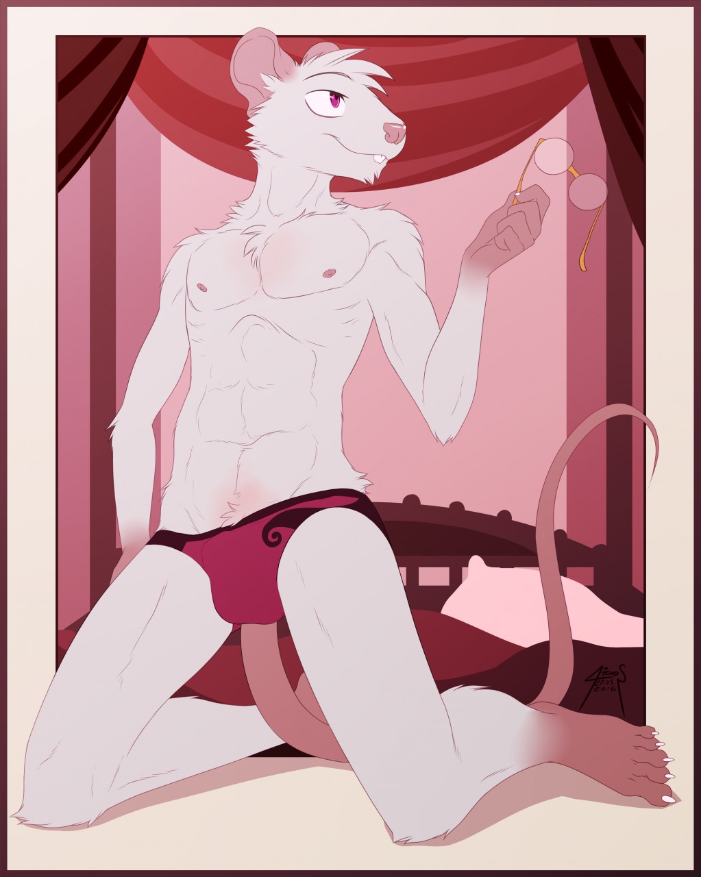 abs anthro athletic athletic_anthro athletic_male bed biscuit_(biscuits) claws clothed clothing eyewear fur furniture glasses gothwolf hi_res holding_object kneeling male mammal murid murine nipples on_bed partially_clothed pink_nipples purple_eyes rat rodent solo teeth underwear white_body white_fur