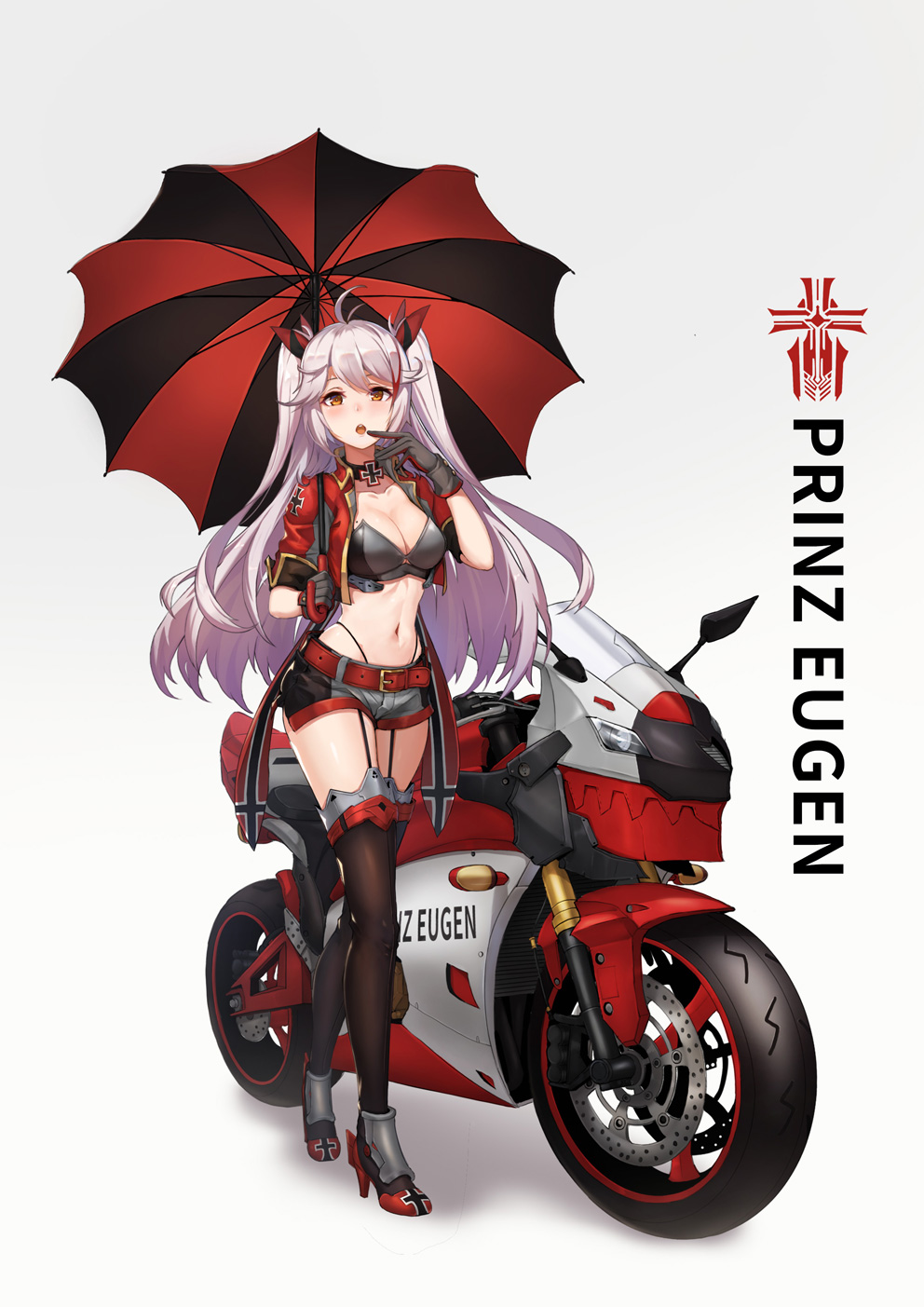 1girl antenna_hair azur_lane bandeau bangs belt black_choker black_legwear black_panties blush breasts character_name choker cleavage collarbone commentary cropped_jacket eyebrows_behind_hair finger_to_mouth garter_straps gloves grey_gloves grey_shorts groin ground_vehicle hair_between_eyes hair_ribbon high_heels highleg highleg_panties highres holding holding_umbrella iron_blood_(emblem) iron_cross jacket large_breasts long_hair looking_at_viewer midriff mole mole_on_breast motor_vehicle motorcycle multicolored_hair navel open_clothes open_jacket open_mouth orange_eyes panties prinz_eugen_(azur_lane) race_queen red_belt red_hair red_jacket red_ribbon ribbon rudder_footwear short_shorts short_sleeves shorts sidelocks silver_hair simple_background solo standing streaked_hair swept_bangs thighhighs two_side_up umbrella underwear upper_teeth very_long_hair vococo white_background