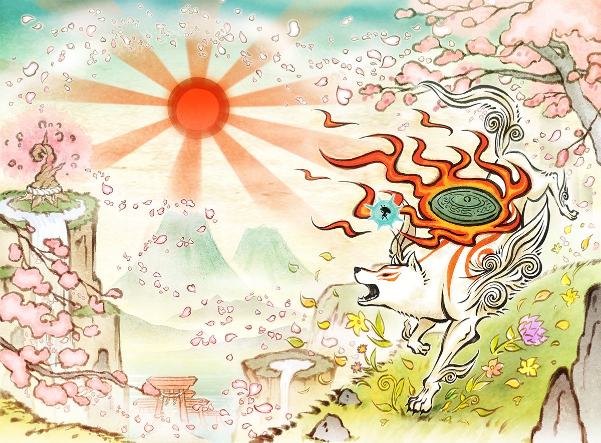 amaterasu artist_request cherry_blossoms day english_commentary grass issun official_art ookami_(game) outdoors reflection reflector_(ookami) rock scenery sun tree white_wolf wolf