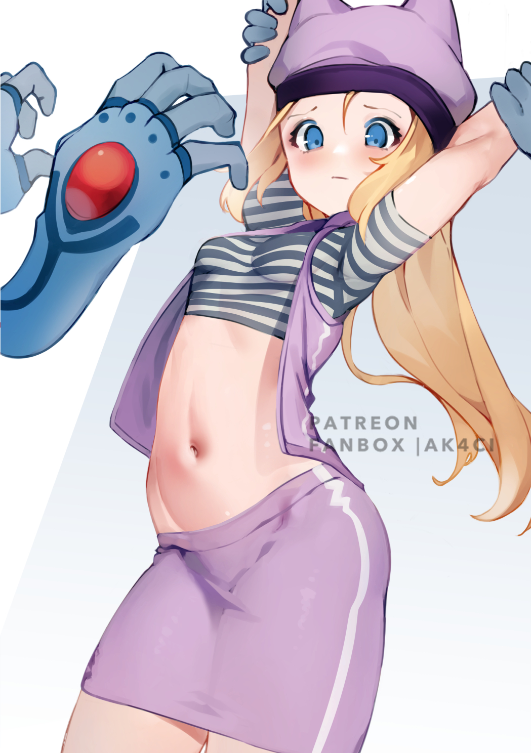 1girl ak4ci arm_grab arms_up artist_name blonde_hair blue_background blue_eyes blush breasts cowboy_shot crop_top digimon digimon_(creature) digimon_frontier disembodied_limb english_commentary fanbox_username groin hair_between_eyes hat highres long_hair midriff navel open_clothes open_vest orimoto_izumi patreon_username purple_headwear purple_skirt purple_vest ranamon restrained shirt short_sleeves sidelocks simple_background skirt small_breasts solo standing striped striped_shirt vest watermark white_background