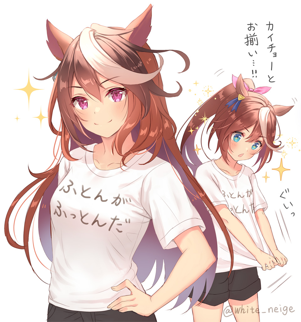 +_+ 2girls animal_ears bangs blue_eyes blush breasts brown_hair chestnut_mouth clothes_writing collarbone commentary_request excited eyebrows_visible_through_hair hair_between_eyes hair_ribbon horse_ears horse_girl long_hair looking_at_viewer looking_down medium_breasts multicolored_hair multiple_girls pink_ribbon ponytail purple_eyes ribbon serino_itsuki shirt short_sleeves smile sparkle streaked_hair symboli_rudolf_(umamusume) tokai_teio_(umamusume) translation_request twitter_username umamusume white_background white_hair white_shirt