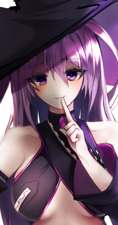 1girl aisha_landar alternate_breast_size bangs black_headwear black_sleeves breasts closed_mouth collarbone detached_sleeves elsword eyebrows_visible_through_hair finger_to_mouth hair_between_eyes hat index_finger_raised long_hair long_sleeves looking_at_viewer mayo030 medium_breasts oz_sorcerer_(elsword) purple_eyes purple_hair shiny shiny_hair shushing smile solo underboob upper_body very_long_hair witch_hat