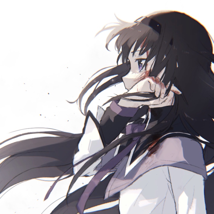 1girl akemi_homura ashes bangs black_hair black_shirt blood blood_on_face bloody_clothes collared_shirt expressionless from_side hair_between_eyes jitome long_sleeves magical_girl mahou_shoujo_madoka_magica neck_ribbon playing_with_own_hair purple_hair purple_neckwear purple_ribbon purple_trim ribbon shirt sidelocks simple_background solo un_nm5sy vest white_background white_trim white_vest wing_collar