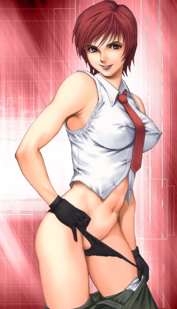 bare_shoulders black_panties breasts brown_eyes covered_nipples gloves large_breasts midriff necktie panties panty_pull red_hair saigadou short_hair smile snk solo the_king_of_fighters underwear undressing vanessa_(king_of_fighters)