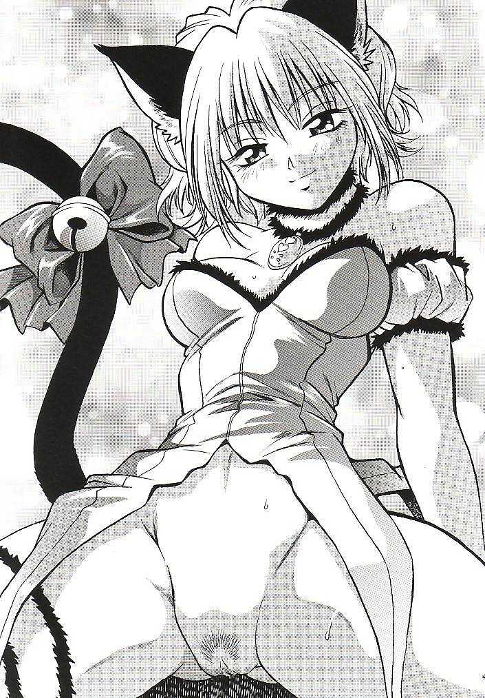 1girl animal_ears bell bow bush cat_ears cat_tail choker female mew_ichigo monochrome nekomimi no_panties pink_hair pubic_hair pussy solo tail tokyo_mew_mew