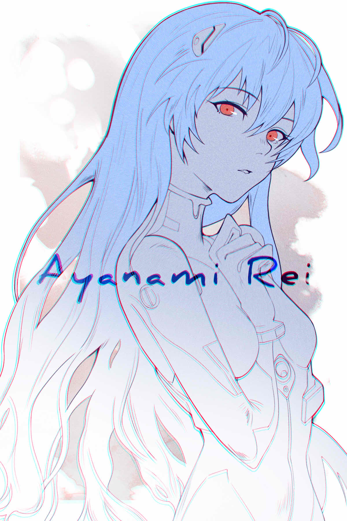 1girl alternate_hair_length alternate_hairstyle ayanami_rei beige_background bodysuit breasts character_name chromatic_aberration clenched_hand evangelion:_3.0+1.0_thrice_upon_a_time expressionless eyebrows_visible_through_hair eyelashes hair_between_eyes hairpods hand_on_own_chest hand_up highres le_shu light_blue_hair long_hair looking_at_viewer medium_breasts neon_genesis_evangelion parted_lips partially_colored pilot_suit plugsuit rebuild_of_evangelion red_eyes simple_background skinny solo spot_color tsurime two-tone_background upper_body very_long_hair vignetting wavy_hair white_background