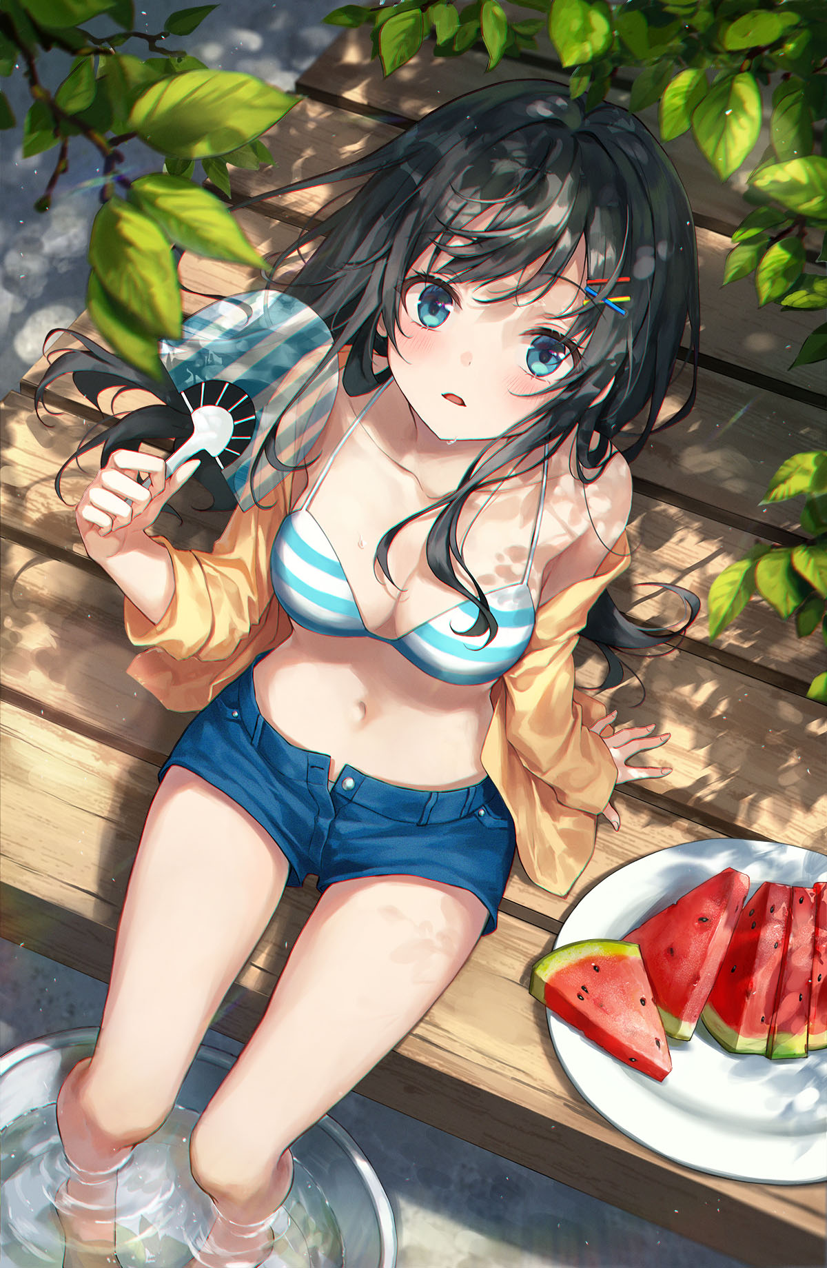 1girl bangs bare_shoulders barefoot bikini bikini_top black_hair blue_shorts breasts cardigan chromatic_aberration cleavage collarbone commentary deck denim denim_shorts dust fan fanning_face flush food foot_bath from_above fruit full_body green_eyes hair_ornament hairclip highres holding holding_fan horizontal_stripes jacket leaf long_hair long_sleeves looking_at_viewer looking_up medium_breasts navel off_shoulder open_clothes open_fly open_jacket open_mouth original outdoors partially_submerged plate r_o_ha shadow short_shorts shorts sitting solo stomach string_bikini striped striped_bikini sweat swept_bangs swimsuit tareme thighs tree water watermelon watermelon_slice wet x_hair_ornament yellow_jacket