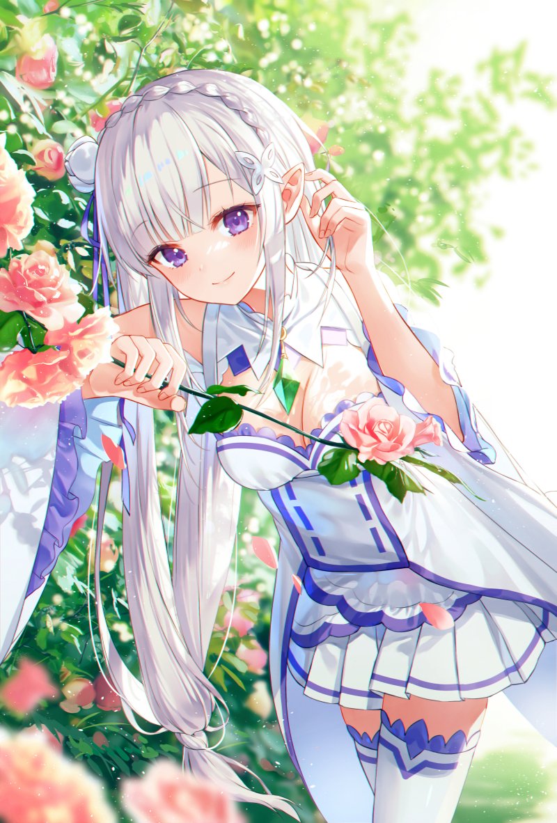 1girl bangs blurry blurry_background blurry_foreground blush braid breasts butterfly_hair_ornament cleavage cleavage_cutout clothing_cutout crown_braid depth_of_field detached_sleeves dress emilia_(re:zero) eyebrows_visible_through_hair fingernails flower hair_ornament hand_on_ear hands_up holding holding_flower kh_(kh_1128) leaning_forward long_hair looking_at_viewer medium_breasts pink_flower plant pleated_skirt pointy_ears purple_eyes re:zero_kara_hajimeru_isekai_seikatsu skirt smile solo standing thighhighs very_long_hair white_dress white_hair white_legwear white_skirt wide_sleeves