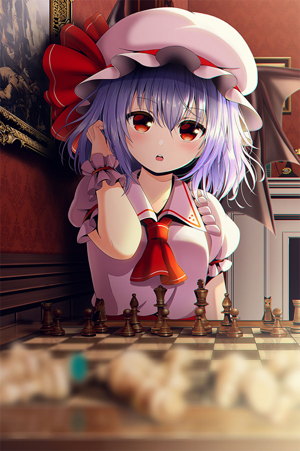 1girl :o ascot bangs banned_artist bat_wings blurry blurry_foreground board_game breasts chess chess_piece chessboard chromatic_aberration commentary_request depth_of_field eyebrows_visible_through_hair hair_between_eyes hand_in_hair hand_up hat hat_ribbon indoors light_blush looking_at_viewer mob_cap open_mouth painting_(object) puffy_short_sleeves puffy_sleeves purple_hair red_eyes red_neckwear red_ribbon remilia_scarlet ribbon short_hair short_sleeves small_breasts solo touhou upper_body white_headwear wings wrist_cuffs yuuka_nonoko