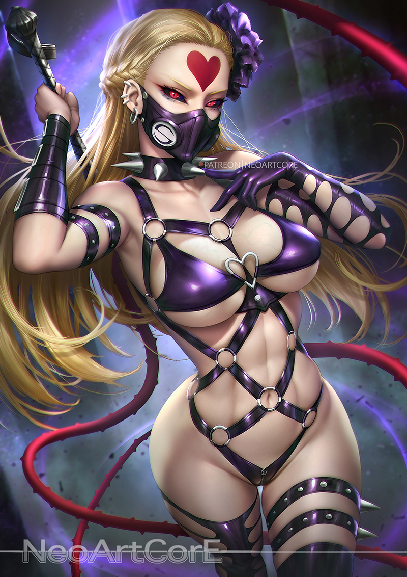 1girl abs artist_name black_sclera blonde_hair bondage_outfit braid breasts collar colored_sclera covered_mouth cowboy_shot crotch_zipper dominatrix ear_piercing earrings facial_mark forehead_mark french_braid hands_up heart heart_ring_top holding holding_whip jewelry kaijin_hime_do-s large_breasts long_hair looking_at_viewer mask mouth_mask navel neoartcore o-ring one-punch_man piercing red_eyes revealing_clothes solo spiked_collar spikes whip zipper zipper_panties
