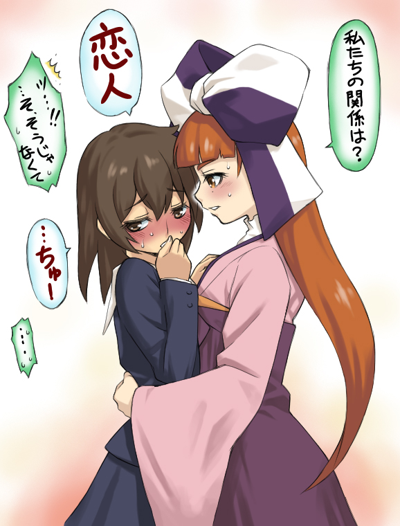 2girls anne_(wixoss) bangs blunt_bangs blush bow brown_eyes brown_hair commentary_request face-to-face from_side hair_bow hug japanese_clothes kominato_ruuko large_bow long_hair long_sleeves looking_away multiple_girls orange_hair parted_lips selector_wixoss sweat translation_request two-tone_bow wide_sleeves wixoss you2 yuri