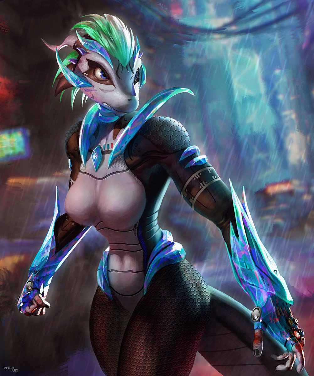 2021 alien alilkira android anthro biyemorph black_body black_scales black_tail blue_body blue_eyes blue_scales breasts digital_drawing_(artwork) digital_media_(artwork) female green_hair grey_body grey_scales grey_tail hair hi_res horn machine multicolored_body multicolored_hair multicolored_scales multicolored_tail raining robot scales scalie signature solo text venjiiart white_hair