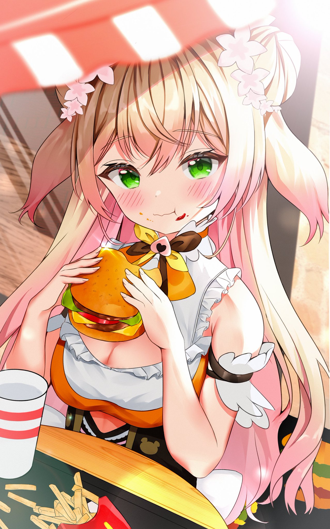 1girl blonde_hair bow bowtie breasts cleavage commentary_request double_bun eating flower food food_in_mouth food_on_face french_fries gradient_hair green_eyes hair_flower hair_ornament hamburger highres hololive long_hair looking_at_viewer momosuzu_nene multicolored_hair pink_hair razerman121 sitting solo two_side_up virtual_youtuber yellow_neckwear