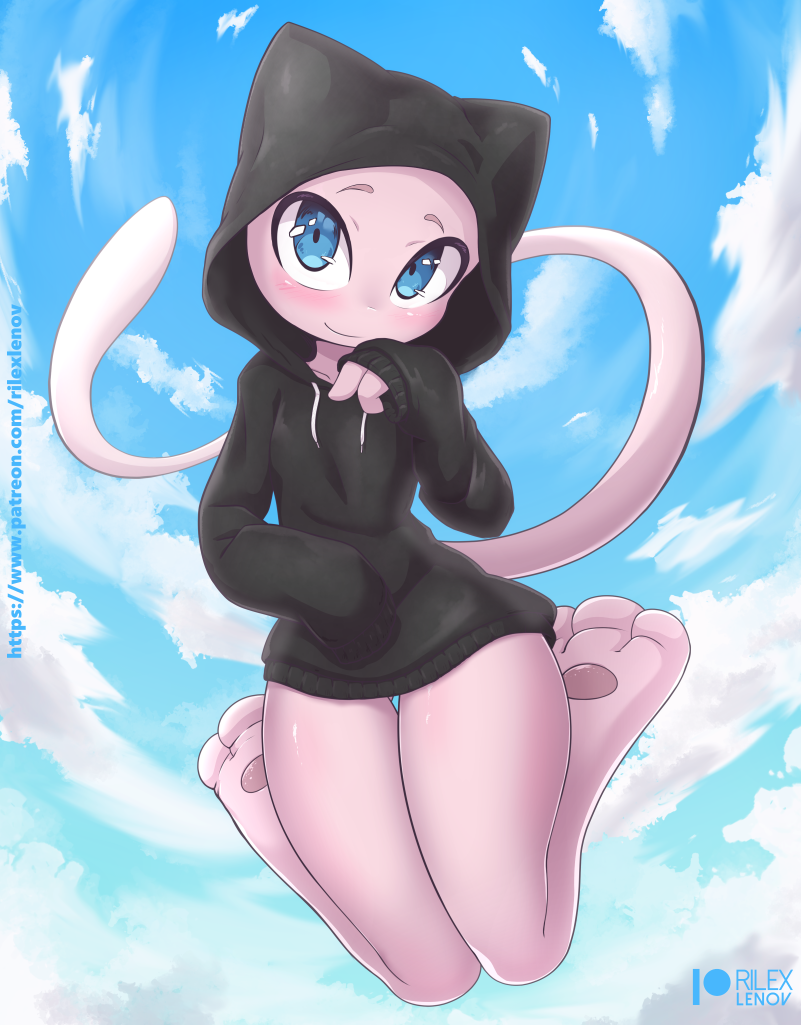 anthro blush bottomless clothed clothing cloud female flying hoodie hoodie_only legendary_pok&eacute;mon looking_at_viewer mew nintendo pok&eacute;mon pok&eacute;mon_(species) rilex_lenov sky solo topwear topwear_only video_games